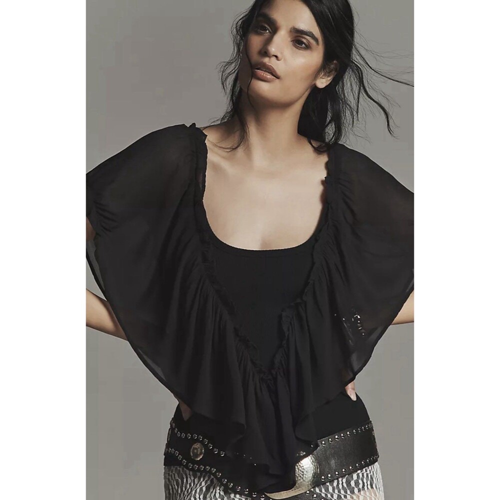 By Anthropologie Short-Sleeve Chiffon Mix Top Blouse Feminine Black Onyx Small